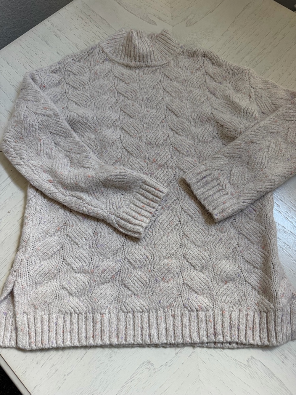 Joie Soft Cable-Knit Mock Neck Sweater Light Grey Side Slits SZ M Boho Academia